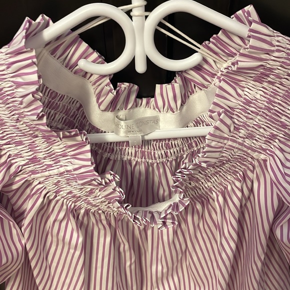 NWOT CAROLINE CONSTAS OFF SHOULDER TOP STRIPED WHITE & PURPLE. Size SMALL - Picture 4 of 8